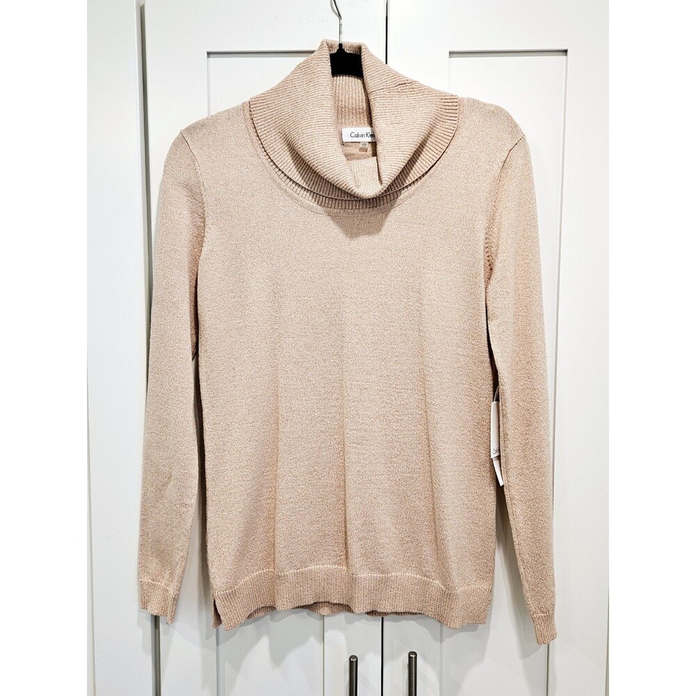 Calvin Klein Metallic Knit Cowl Neck Sweater Beige NWT XS